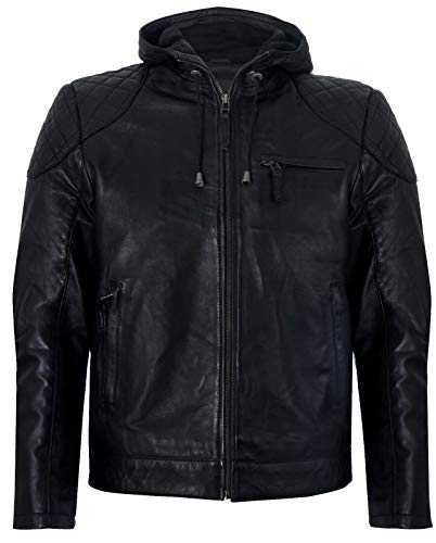 Men's Vintage Retro Casual Zipped 100% Leather Hooded Bomber Biker Jacket