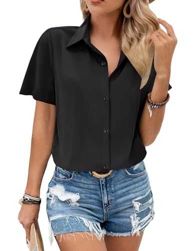 Zeagoo Women's Chiffon Blouses Short Sleeve Basic V Neck Fitted Button Down Tshirts Casual Flowy Dressy Tops