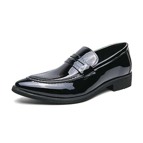 Kanggrei Formal Oxford Shoes for Men Slip On Pointed Toe Vegan Leather Apron Toe Penny Loafer Block Heel Low Top Working