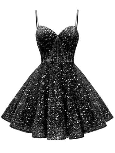 MXODI Spaghetti Straps Sequin Homecoming Dress Short Prom Dress with Pockets Evening Party Gowns