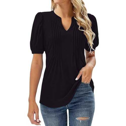 Summer Tops for Women UK V Neck Puff Short Sleeve T-Shirt Ladies Pleated Tunic Top Tee Casual Dressy Plain Blouse Shirts