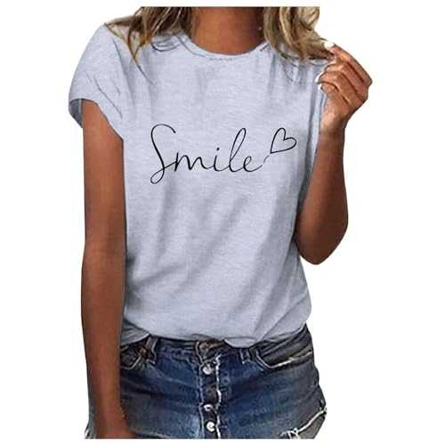 PAIDAXING Women Smile Letter Print Summer T-Shirt Crew Neck Short Sleeve Ladies Casual Tie Dye Butterfly Graphic Tee Tops Fashion Slim Fit Round Neck Petite Shirts Tops for Women UK