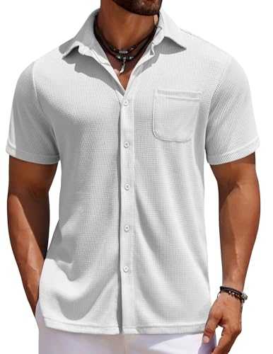 COOFANDY Men's Knit Button Down Shirts Casual Short Sleeve Polo Shirt Summer Beach Shirts with Pocket