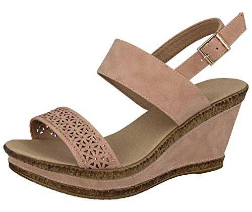 Cushion Walk Ladies Leather Lined Wedge Peep Toe Strappy Summer Sandal Size 3-8 (4 UK, Pink E)