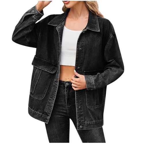 Women's Denim Jackets Oversized Trucker Jacket Casual Long Sleeve Button Up Loose Fit Jean Jackets with Collared Neckline and Pockets for Ladies Girls UK Clearance