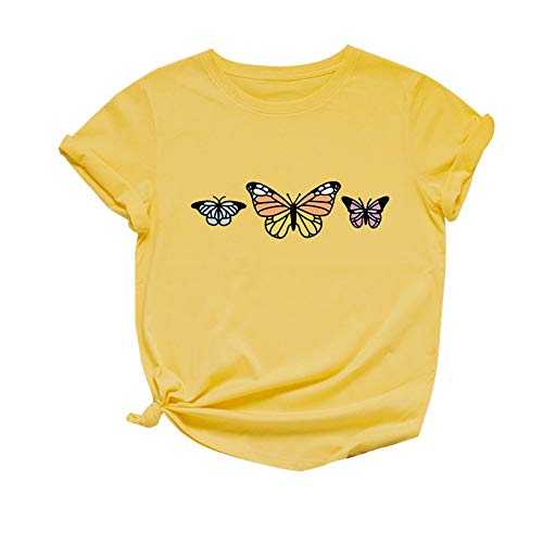RLEHJN T Shirts for Women UK Sale Clearance, Ladies Summer Tops Butterflies Printed Short Sleeve T-Shirts Crew Neck Elegant Blouses Casual Basic Tee Lightweight Loose Tshirts S-4XL