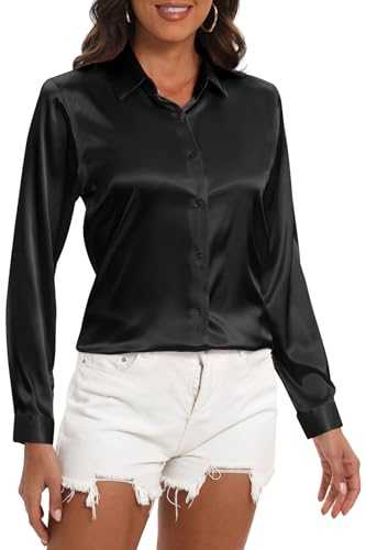 COUXILY Womens Satin Button Down Shirt Business Casual Long Sleeve Silk Blouse Collared Curved Hem Slim Fit Office Work Tops
