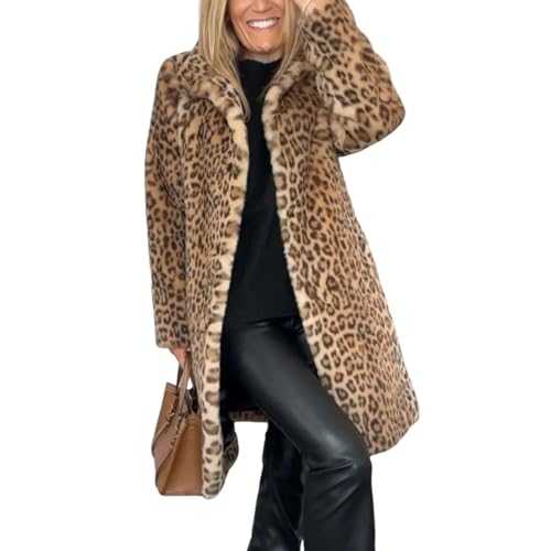 jyyyou Women's Leopard Print Mid-Length Jacket,Women's Open Front Leopard Print Faux Fur Long Trench Coat,Lapel Collar Plush Jacket Coat Warm Winter Outerwear
