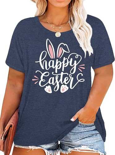 Plus Size Happy Easter Shirt for Women Funny Bunny Rabbit T Shirt Easter Holiday Tops Short Sleeve Tees