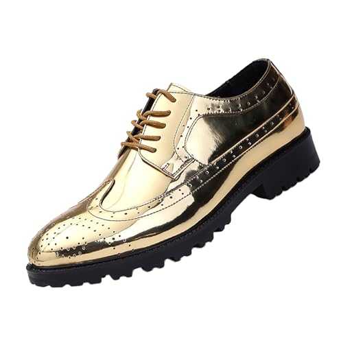 Men's Patent Leather Oxford Shoes Formal Business Wedding Leather Shoes Wide Fit Lace Up Derby Brogues Shiny Breathable Block Heel Dress Shoe Non-Slip Comfort Pointed Toe Footwear Gold Silver