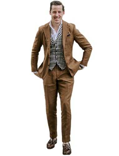 Pkrboro Men's Suit Three Pieces Tuxedos Single Breasted Button Linen Jacket+Checked Vest&Pants Set