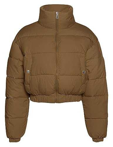 Flygo Women's Cropped Puffer Jacket Zip Up Stand Collar Padded Winter Down Coat