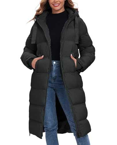 HOTIAN Women's Thickened Down Jacketts Maxi Length Winter Warm Puffer Coat Hooded Parka Jacket Padded Outerwear