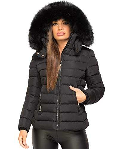 Womens Quilted Puffer Padded Faux Fur Collar Hooded Jacket Coat