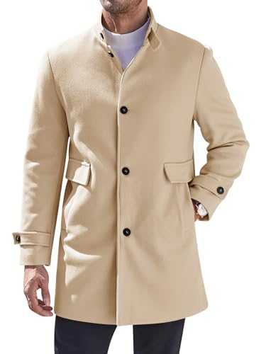 Makkrom Mens Trench Coat Long Sleeve Stand Collar Overcoat Casual Mid Long Slim Fit Single Breasted Pea Coat with Pockets