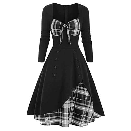 Womens Ladies New Strapless Plain Casuales with Sleeves Sexy Vintage Casual Plaid Print Gothic Waist Contrast Splicing Double Breasted Swing Tunices Dress