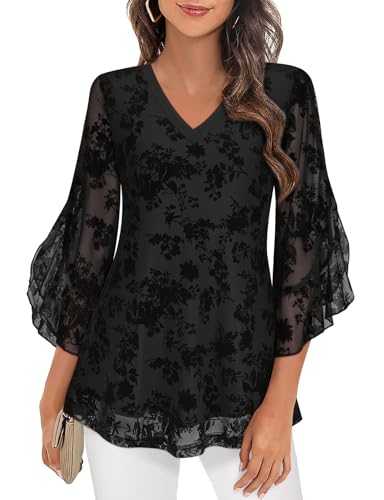 Flikity Womens Blouses Flared 3/4 Sleeve Mesh Ladies Tops Chiffon Double Layers Tunic Tops Loose Flowy Shirts M-3XL