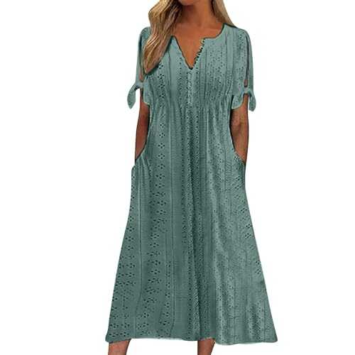 Boho Midi Dresses for Women UK Clearance, V Neck Button Short Sleeve Beach Swing Dress Ladies Bohemian Floral Print Tunic Dresses Summer Loose A Line Daily Dress with Pockets