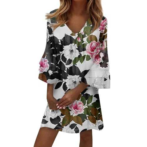 Summer Dresses for Women UK Fashion Temperament Elegant Printed V-Neck 3/4 Sleeves Muslin Beach Casual Sexy Dress
