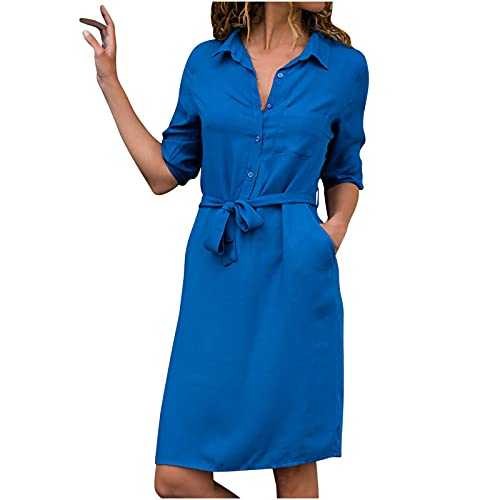 AMhomely Women Dresses Sale Turn-Down Collar Solid Color Pocket Loose Casual Fashion Autumn Three Qurater Dress UK Size Party Elgant Dresses Clearance Work Dress Office Dressing, Blue, XL