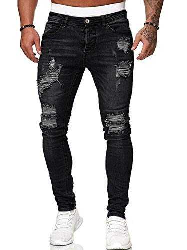 Men's Stretch Skinny Ripped Jeans, Super Comfy Distressed Denim Pants with Destroyed Holes