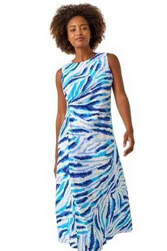 Roman Originals Abstract Side Pleat Midi Dress for Women UK - Ladies Everyday Holiday Spring Summer Round Neckline Comfy Soft Evening Vacation Work Party