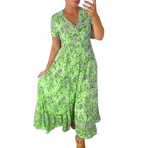 Women's Short Sleeve Midi Summer Dresses Women's Fashionable Casual Summer V Neck Short Sleeve Floral Dress Petite Dress Women Casual Dresses Black