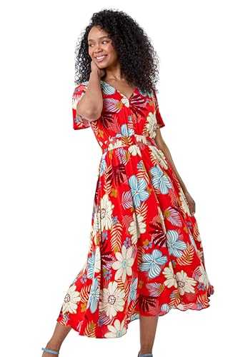 Roman Originals Shirred Waist Dress for Women UK Ladies Midi Maxi Summer Spring Tiered Frill Hem Empire Waist Short Sleeve V Neck Gathered Skirt Bohemian Holiday