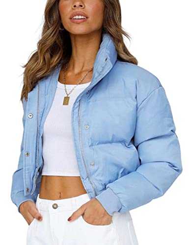 Uaneo Womens Cropped Puffer Jacket Stand Collar Zip Up Winter Padded Down Coats