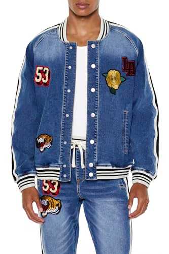 Forever 21 Men's Patch Denim Bomber Jacket Coat