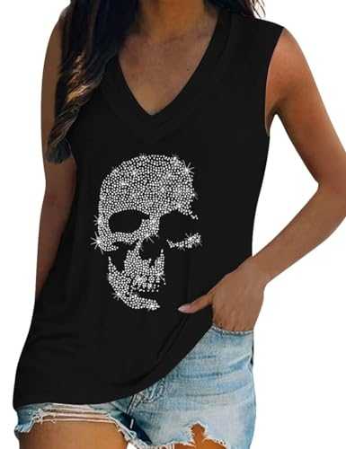 Fronage Women's Rhinestone Skull Tank Tops Loose Graphic V Neck Sleeveless Tee Shirt