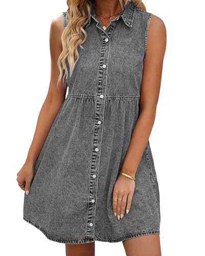 Vetinee Denim Dress for Women Sleeveless Button Down Tiered Cute Jean Dresses