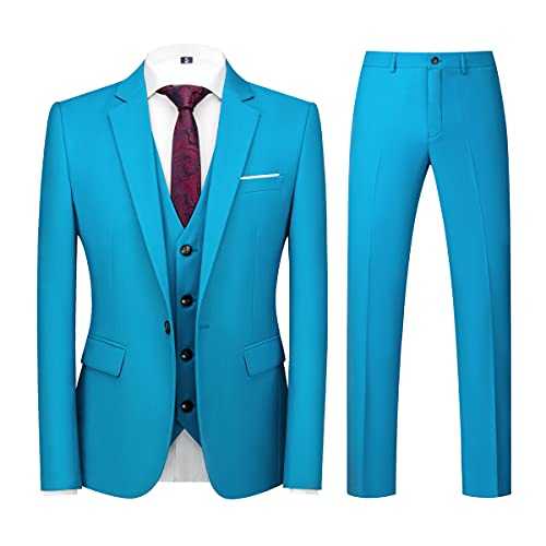 Men Suits 3 Piece Slim Fit Single Breasted One Button Lake Light Blue Tuxedo Suit Blazer Waistcoat Trousers(Light Blue,X-Small)