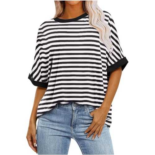 Ekiregaii Summer Tops for Women UK Plus Size Striped Print T Shirt Short Sleeve Crewneck Oversized Tee Shirt Loose Elegant Pullover Undershirt Wommens Blouse Sports Beach Casual Wear
