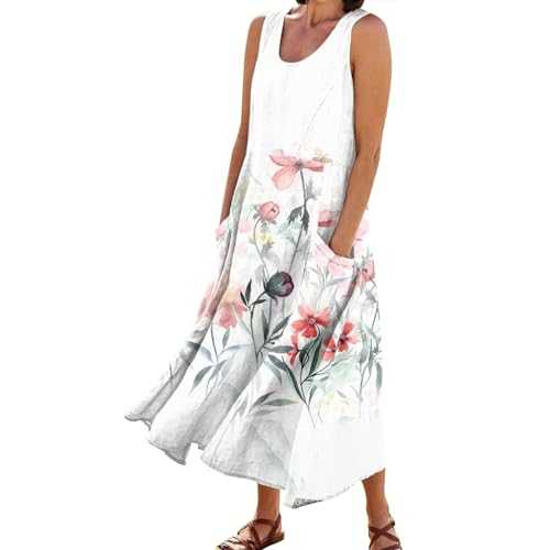 ODJOY-FAN Sun Dresses for Women Casual Print Vacation Round Neck Dress with Pockets Flowy Sleeveless Cotton Linen Dresses