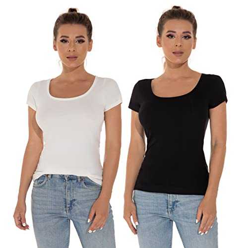 Mcilia Stretch Scoop Neck T-Shirt Soft Solid Basic Tee, Pack of 2