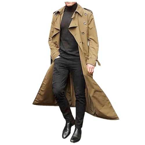 Hamender Men's Formal Trench Coat Long Business Woolen Jacket Full Length Double Breasted Long Pea Coat Wool Long Coat with Double Breasted Wool Overcoat