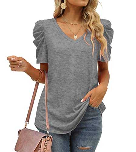 Aokosor T Shirts for Women V Neck Tops Gigot Sleeve Ladies Casual Summer Tshirts