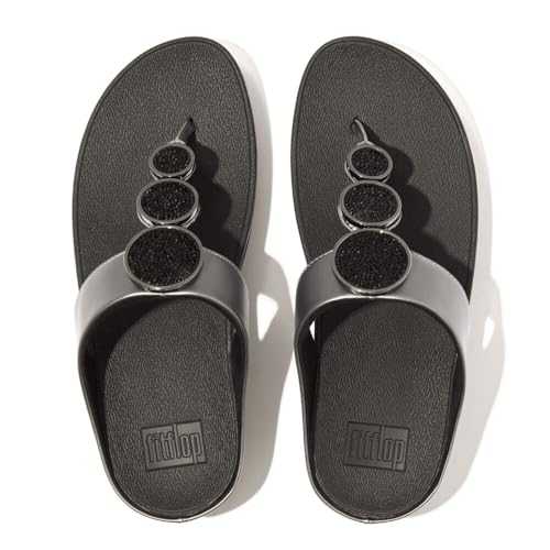 Women's Halo Bead-Circle Metallic Toe-Post Sandals, Pewter Black, 6.5 UK