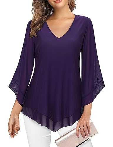 Womens Blouse Ruffle 3/4 Sleeve Blouses for Women V Neck Chiffon Tunic Tops Double Layers Mesh Shirts