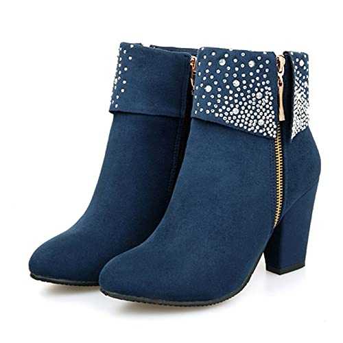 Bkebge Cowboy Boots for Women Fancy Dress, Ladies Fashion Bling Short Ankle Booties, Women's Comfy Fall Winter Round Toe Side Zipper Mid Heel Rhinestone Suede Boot,UK Size 7M