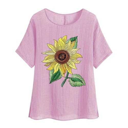 Summer Tops for Women UK Cotton Linen Shirts Floral Print Casual Short Sleeve Blouses Loose Oversized Tunic Top Ladies Lightweigh Breathable Blouse Long Length Tops Blouses & Shirts Going Out Top