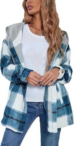 Women's Oversized Flannel Plaid Shirt with Hood – Vintage Casual Hooded Shacket Jacket Long Sleeve Button Down Checkered Coat Warm Layered Outerwear for Fall Winter
