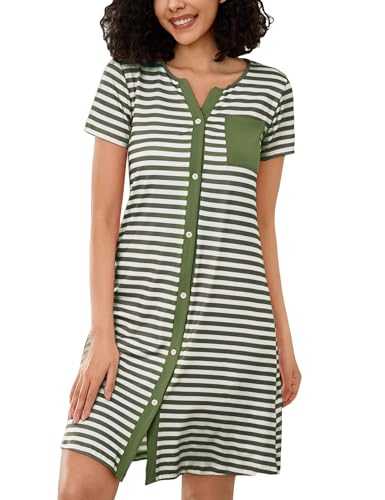 Marvmys Women’s Nightdresses Soft Cotton Nightshirt Stripe Sleep Dress Button-Up V Neck Sleepwear Nightgown Summer Loungwear