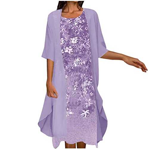 Summer Dresses for Women UK Clearance Womens Boho Floral Flowy Midi Dresses with Cardigan 2 Piece Set 3/4 Sleeve Summer Casual Formal Cocktail Wedding Guest Chiffon Dress