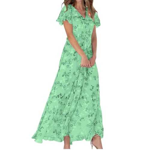 RLEHJN Maxi Dresses for Women UK Sale Clearance Summer Floral Dresses Short Sleeve Casual Tunic Dresses V-Neck Long Swing Dresses Beach Holiday A Line Sundresses for Vacation Beach