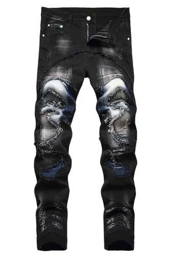 Men's Stylish Ripped Distressed Straight Slim Fit Patched Jeans Skinny Patchwork Jeans