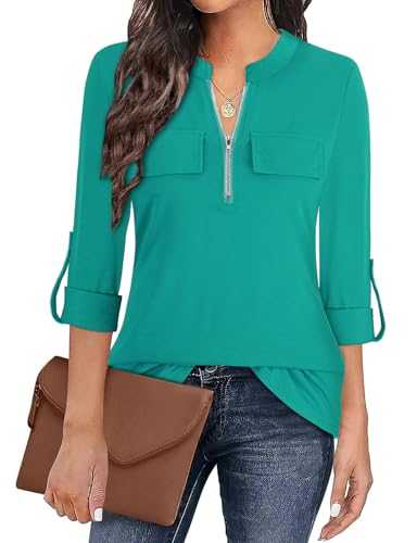 Womens Tops 3/4 Sleeve Tops for Women Polo Top Floral Printed Shirts with Zip Up V Neck Tunic Blouse Basic Tops