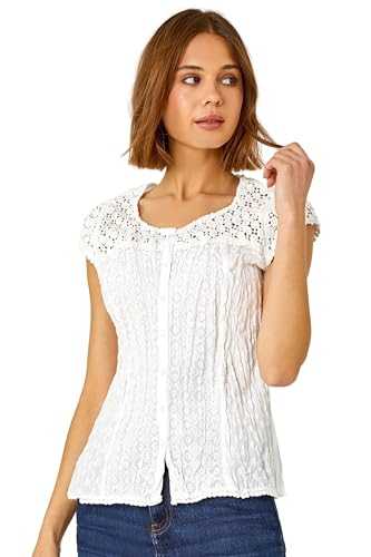 Roman Originals Lace Crinkle Top for Women UK - Ladies Broderie Anglaise Blouse Yoke 100% Cotton Embroidered Shirt Casual Work Flattering Summer Holiday Evening Boho T-shirt