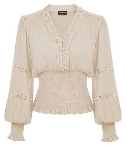 Scarlet Darkness Women's Renaissance Peasant Blouse V Neck Lantern Sleeve Lace Smocked Tops